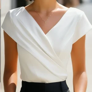 Elegant Plain Asymmetric Cross Neck T-shirt, Blouses and Shirts, color:White|size:XXL, Stylewe