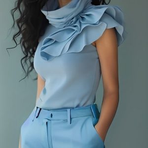 Cotton Elegant Plain Peplum Turtleneck Raglan Sleeve Blouse, Blouses and Shirts, color:Blue|size:XXL, Stylewe