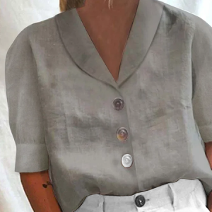 JFN Cotton Loose Shawl Collar Buttoned Short Sleeve Blouse, JustFashionNow Shirts, color:Gray|size:XXL,