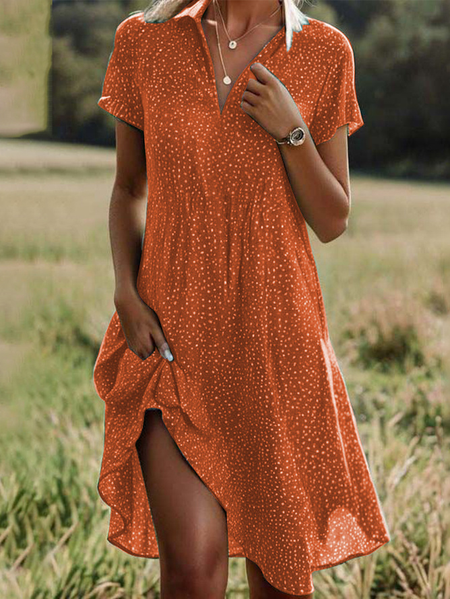 Women Polka Dots Short Sleeve Summer Printing Dress Shawl Collar Daily Casual Knee Length A-Line Dress, JustFashionNow Casual Dresses, color:Orange|size:XXL