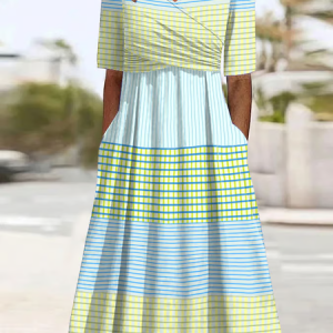 Women Striped Short Sleeve Summer Printing Dress V Neck Daily Casual Maxi A-Line Dress, JustFashionNow Casual Dresses, color:As Picture|size:XXL,
