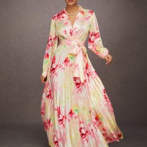 Elegant Floral Printed Pleated Satin Maxi Dress, Maxi Dresses, color:As Picture|size:XXL, Stylewe