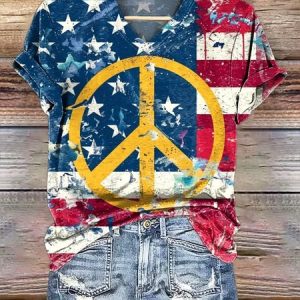Casual America Flag V Neck Short Sleeve T-shirt, T-shirts, color:Blue|size:4XL, catalog Noracora shop