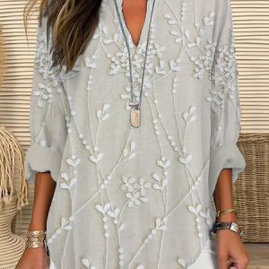 Women Floral Long Sleeve Blouse Spring/Fall Printing V Neck Daily Casual Top, JustFashionNow Shirts, color:Apricot|size:5XL,
