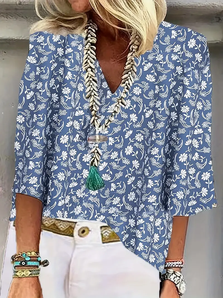 Women Floral Half Sleeve Blouse Summer Shawl Collar Daily Casual Top, JustFashionNow Shirts, color:As Picture|size:3XL,