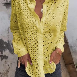Women Plain Long Sleeve Shirt Spring/Fall Shawl Collar Daily Casual Top, JustFashionNow Blouses, color:Yellow|size:5XL,