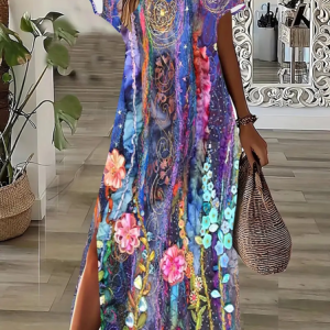 Women Floral Short Sleeve Summer Printing Dress V Neck Daily Casual Maxi X-Line Dress, JustFashionNow Casual Dresses, color:Purple|size:3XL,