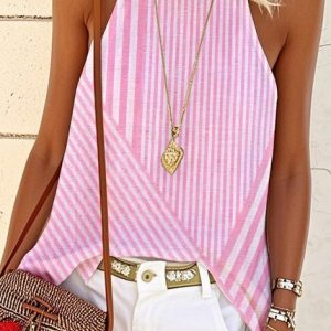 Vintage Striped Halter Sleeveless T-shirt, Tanks & Camis, color:Pink|size:4XL, catalog Noracora shop