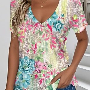 Vintage Botanical Pattern V Neck Short Sleeve T-shirt, T-shirts, color:Blue|size:XXL, catalog Noracora shop