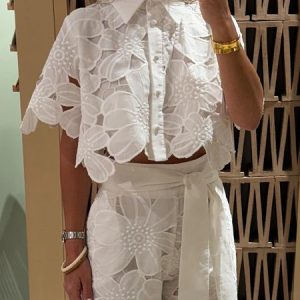Vacation Plain Hollow Out Shirt Collar Shirt, Blouses and Shirts, color:White|size:XXL, Stylewe