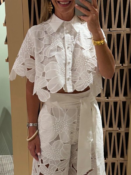 Vacation Plain Hollow Out Shirt Collar Shirt, Blouses and Shirts, color:White|size:XXL, Stylewe