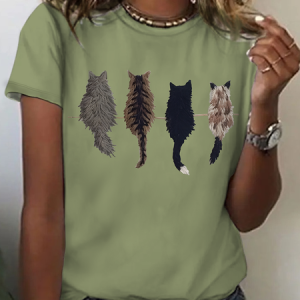 Women's Cute Cat Back Print Cotton T-Shirt, T-shirts, Lilicloth.com
