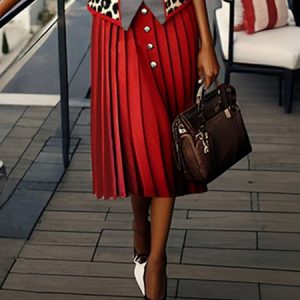 Elegant Pleated Plain Knee Length Skirt, Skirts, color:Red|size:XXL, Stylewe