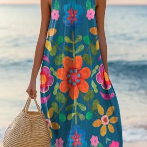 Women Floral Summer Dress Crew Neck Sleeveless A-Line Dress, Dresses, color:Blue|size:4XL, catalog Noracora shop
