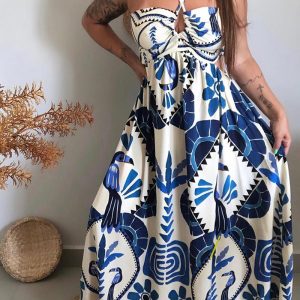 Tropical Print Halter Waist A Line Maxi Dress Casual Back Tied Detail Dress, women Print Dresses, ChicMe catalog