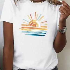 Casual Sun Print Crew Neck Short Sleeve T-shirt, T-shirts, color:White|size:4XL, catalog Noracora shop