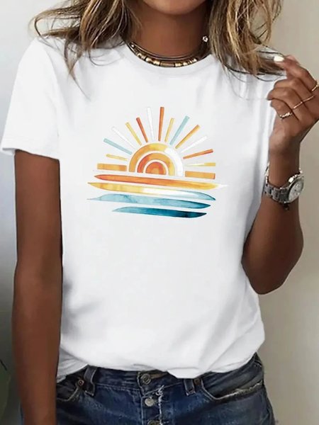 Women Sun Short Sleeve Tee T-shirt Crew Neck Casual Summer Top, JustFashionNow T-Shirts, color:White|size:4XL,
