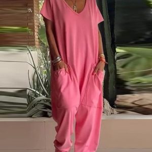 V-Neck High Stretch Tapered Drop-Crotch Casual Jumpsuit With Pockets, women Jumpsuits, ChicMe catalog