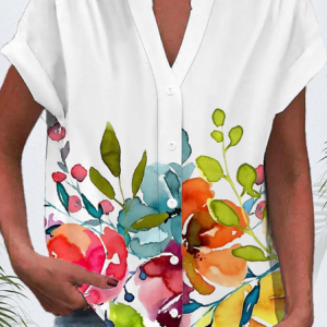 Women Floral Short Sleeve Shirt Summer Buckle V Neck Daily Casual Top, JustFashionNow Shirts, color:White|size:4XL,