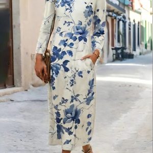 Women's Long Sleeve Spring/Fall 3D Printing Dress Crew Neck Holiday Going Out Vintage Maxi T-Shirt Dress H-Line Dress, JustFashionNow Dresses, color:Blue|size:XXL,