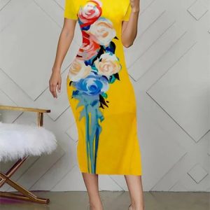 Elegant Floral Printing Crew Neck Midi Dress, Midi Dresses, color:Yellow|size:XXL, Stylewe