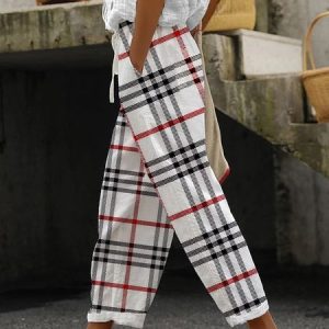 Casual Plaid Printing Comfy Cotton Long Pants, Pants, color:White|size:5XL, catalog Noracora shop