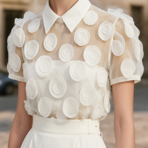 Elegant Plain Embellished Shawl Collar Shirt, Blouses and Shirts, color:White|size:XXL, Stylewe
