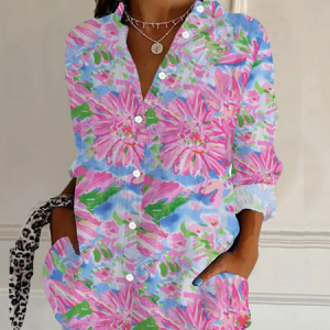 Women Floral Long Sleeve Shirt Spring/Fall Buckle Shirt Collar Daily Casual Top, JustFashionNow Shirts, color:Pink|size:S,
