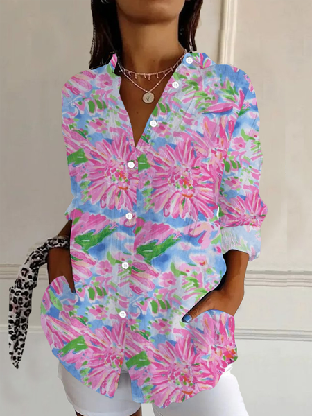 Women Floral Long Sleeve Shirt Spring/Fall Buckle Shirt Collar Daily Casual Top, JustFashionNow Shirts, color:Pink|size:S,