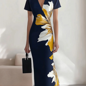 Urban Floral Printing V Neck Midi Dress, Midi Dresses, color:As Picture|size:XXL, Stylewe