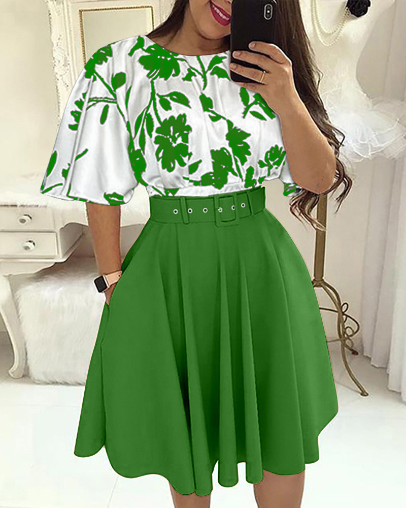 Floral Print Colorblock Flare Sleeve A-line Dress Work Dress, women Floral Dresses, ChicMe catalog - Image 2