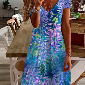 Women Floral Short Sleeve Summer Dress V Neck Daily Casual Midi Fit & Flare Dress A-Line Dress, JustFashionNow Casual Dresses, color:Blue Purple|size:5XL