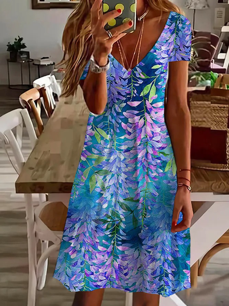 Women Floral Short Sleeve Summer Dress V Neck Daily Casual Midi Fit & Flare Dress A-Line Dress, JustFashionNow Casual Dresses, color:Blue Purple|size:5XL