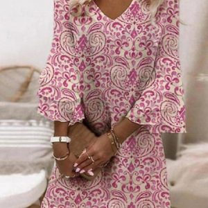 Women Boho Sundress Floral Print V Neck Half Sleeve Comfy Midi Dress, Dresses, color:Red|size:4XL, catalog Noracora shop