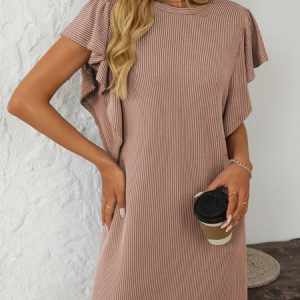Women Striped Short Sleeve Ruffled Summer Printing Dress Crew Neck Daily Casual Mini T-Shirt Dress H-Line Dress, JustFashionNow Casual Dresses, color:Deep Khaki|size:XXL,