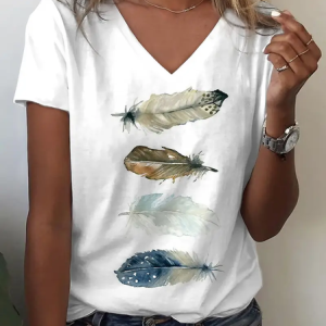 Women Feather Short Sleeve Tee T-shirt V Neck Printing Casual Summer Graphic Tee Top, JustFashionNow T-Shirts, color:White|size:XXL,