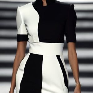 Urban Color Block Printing Stand Collar Blouse, Blouses and Shirts, color:Black-white|size:XXL, Stylewe