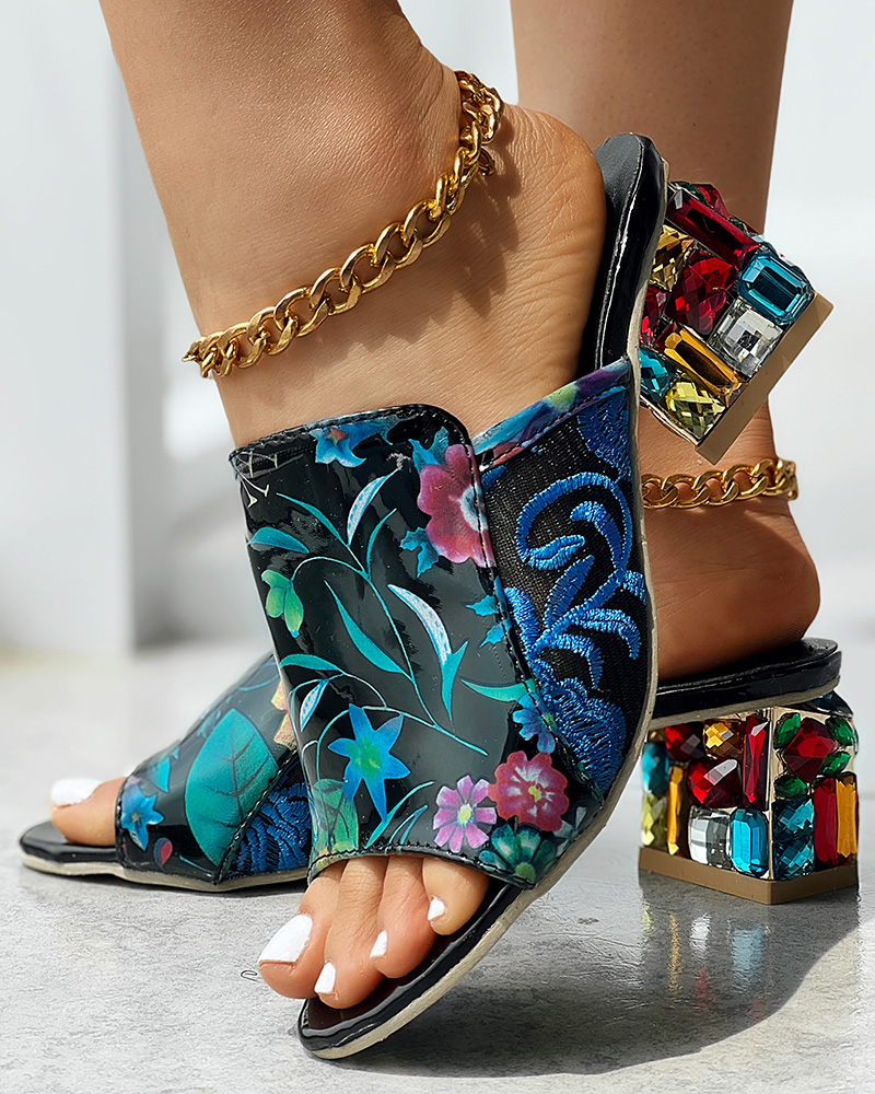 Plant embroidery printed gems and rhinestones decorated thick heel holiday sandals, fashionable party shoes, women Wedges Shoes, ChicMe catalog