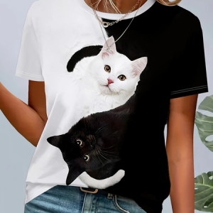 Women Cat Short Sleeve Tee T-shirt Crew Neck Printing Casual Summer Graphic Tee Top, JustFashionNow T-Shirts, color:Black-white|size:XXL