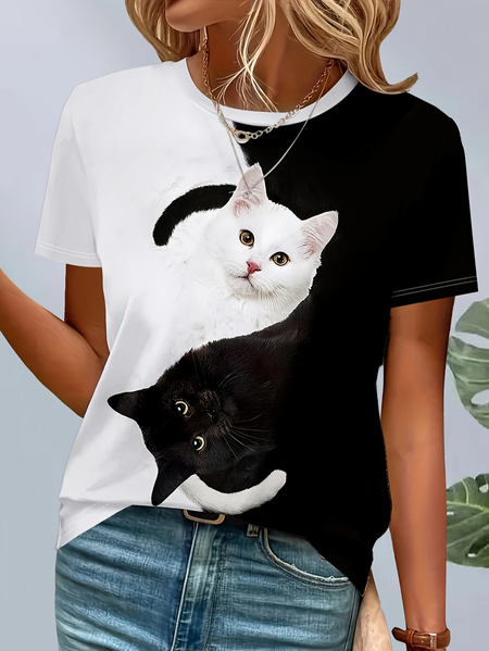Women Cat Short Sleeve Tee T-shirt Crew Neck Printing Casual Summer Graphic Tee Top, JustFashionNow T-Shirts, color:Black-white|size:XXL