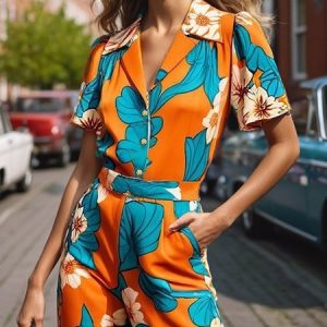 Urban Floral Printing Lapel Collar Shirt, Blouses and Shirts, color:Orange|size:XXL, Stylewe