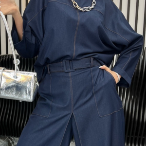 Casual Plain Faux Denim Top, Tops, color:Denim Blue|size:XXL, Stylewe