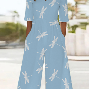 Women Dragonfly V Neck Half Sleeve Casual Summer Jumpsuit, JustFashionNow Jumpsuits＆Rompers, color:Blue|size:4XL,