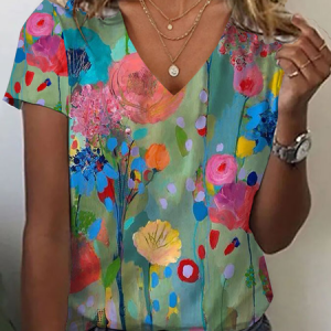 Women Floral Short Sleeve Tee T-shirt V Neck Printing Casual Summer Graphic Tee Top, JustFashionNow T-Shirts, color:Multicolor|size:XXL,