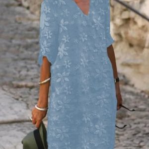 JFN Plain Cotton-blend V Neck Dress, JustFashionNow Dresses, color:Blue|size:XS,