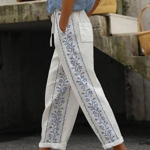 Casual Ethnic Geometry Long Pant, Pants, color:White|size:3XL, catalog Noracora shop