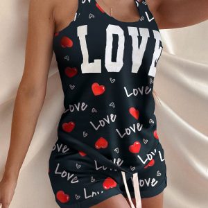 Letter Heart Print Drawstring Tank Pajamas Set, women Pajamas Sets, ChicMe catalog