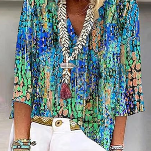 Shawl Collar Half Sleeve Geometric Regular Loose Blouse For Women, Blouses, color:Aqua blue|size:4XL, catalog Noracora shop