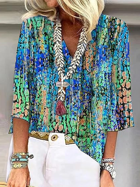 Women Geometric Half Sleeve Blouse Summer Shawl Collar Daily Casual Top, JustFashionNow Shirts, color:Aqua blue|size:4XL,