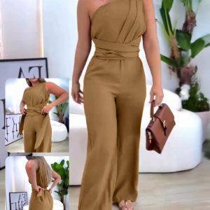 One Shoulder Sleeveless Ruched Zipper Side Overalls Tied Detail Cinched Waist Wide Leg Jumpsuit, women Jumpsuits, ChicMe catalog